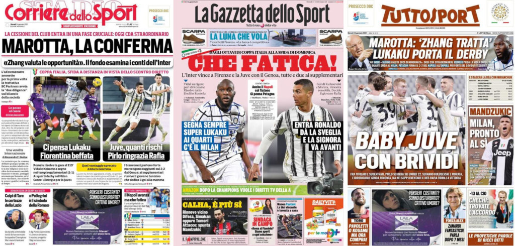 In prima pagina sui quotidiani sportivi del 14 gennaio 2021