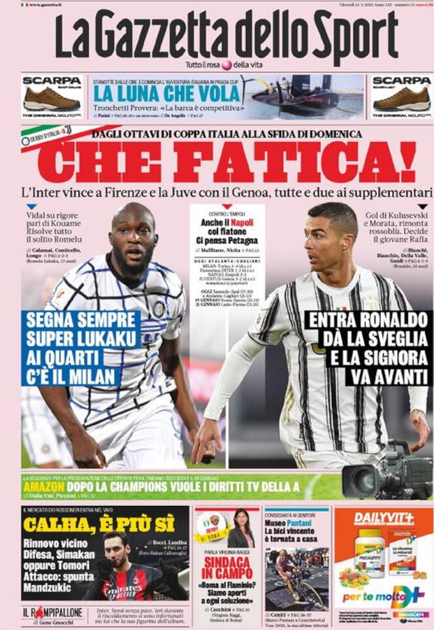 La prima pagina de La Gazzetta dello Sport del 14 gennaio 2021