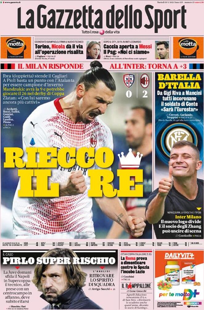 La prima pagina della Gazzetta dello Sport del 19 gennaio 2021