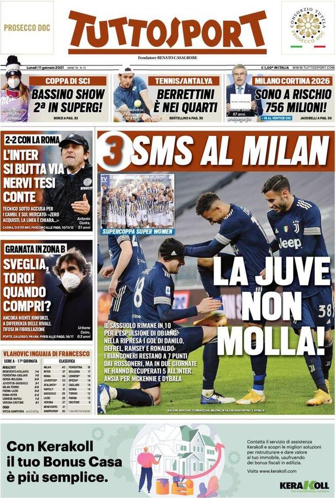 La prima pagina di Tuttosport dell'11 gennaio 2021