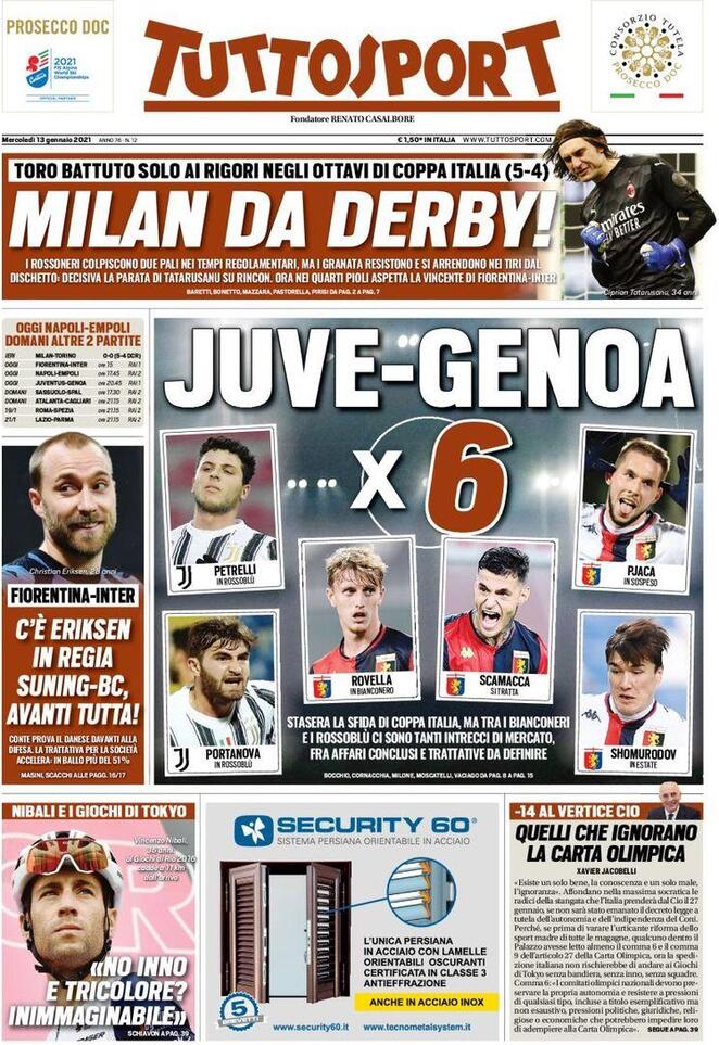 La prima pagina di tuttosport del 13 gennaio 2021