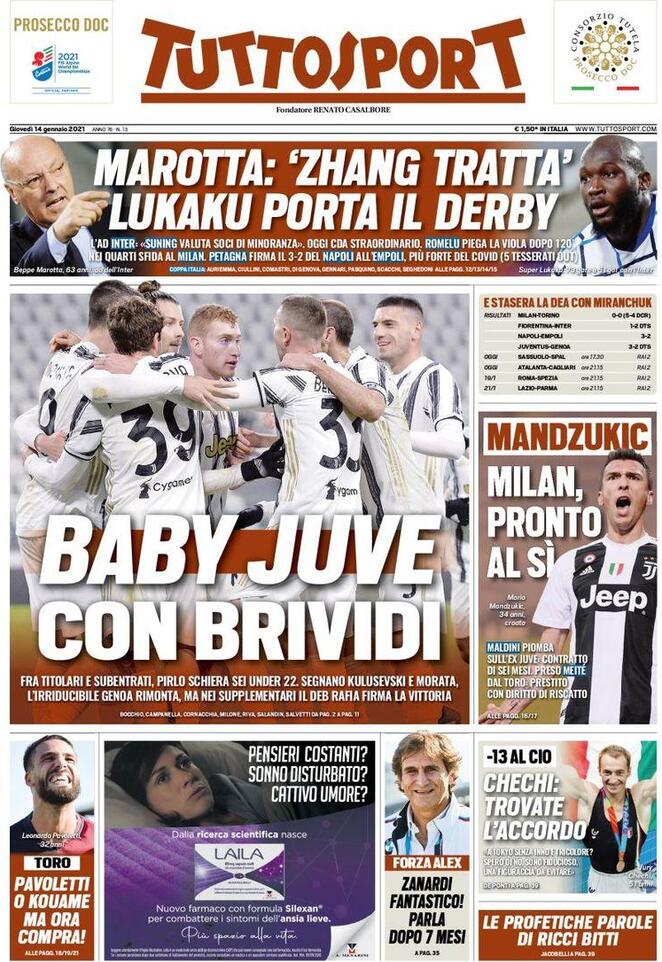 La prima pagina di Tuttosport del 14 gennaio 2021