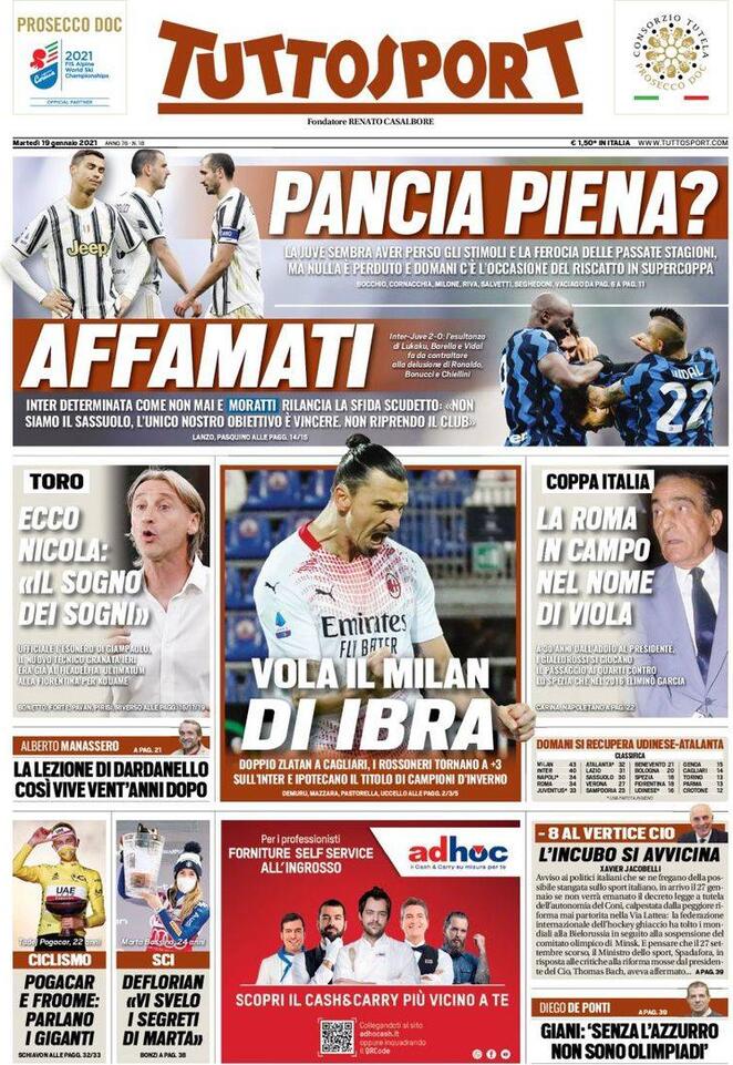 La prima pagina di Tuttosport del 19 gennaio 2021